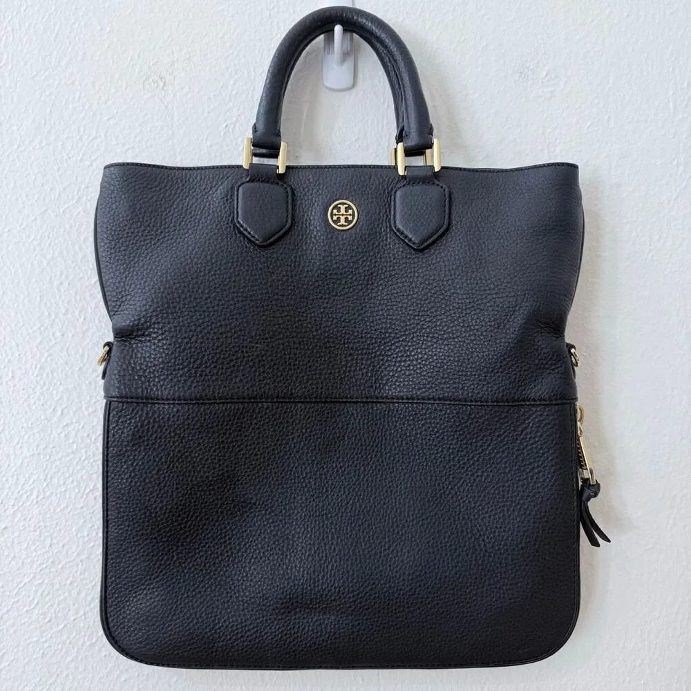 Tory Burch Fleming Two Way Pebbled Black Leather Shoulder Bag Purse Gold Hardwar